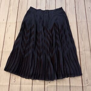 ModCloth Navy Pleated Midi Skirt Sheer Overlay Lined Chevron Pattern Size S Blue